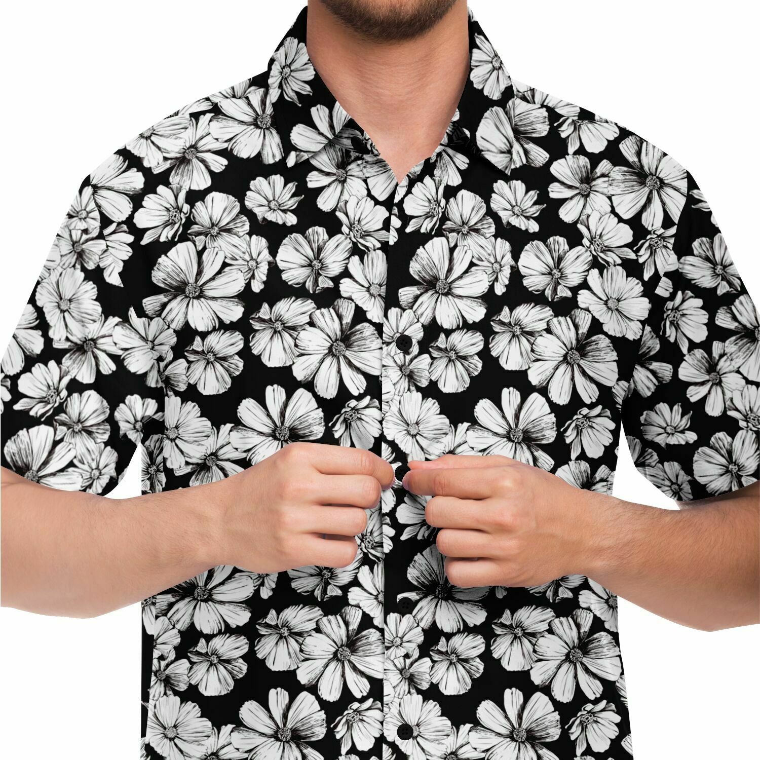 Chemise homme manches courtes noir et blanc à grandes fleurs, gros plan sur l'imprimé
