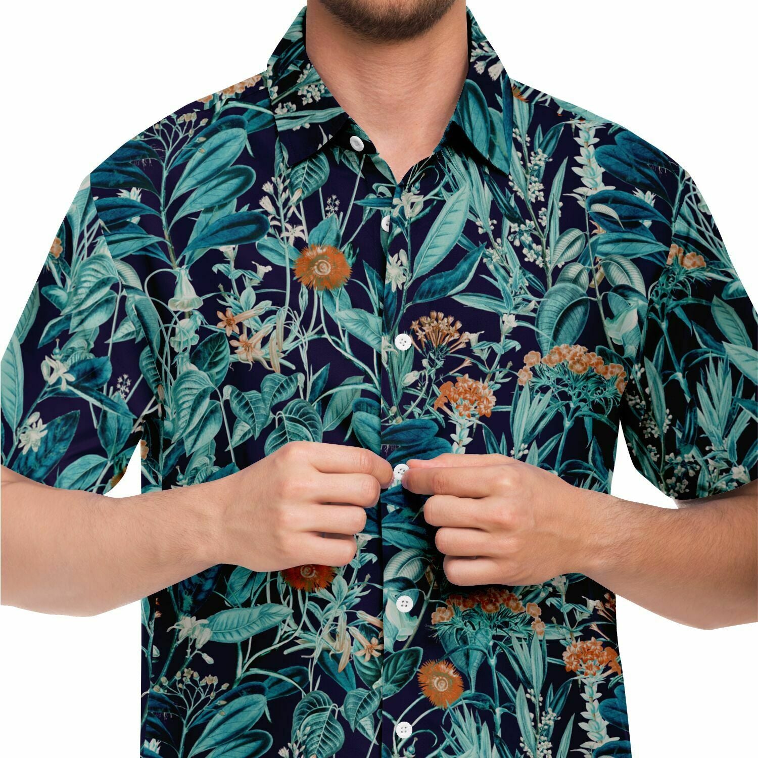 Chemise homme manches courtes jungle bleu canard, gros plan sur l'imprimé