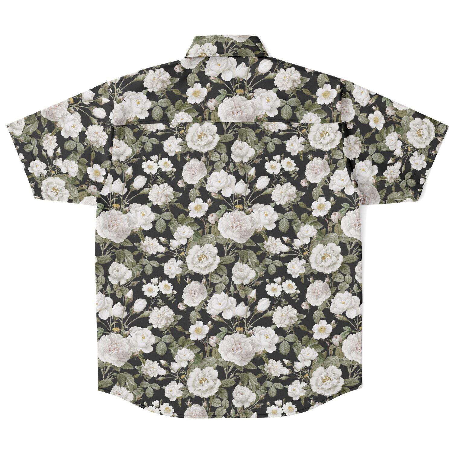 Chemise homme manches courtes noire à pivoines blanches, vue de dos à plat