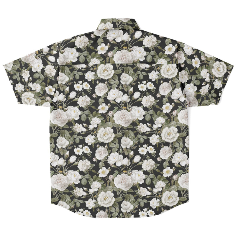 Chemise homme manches courtes noire à pivoines blanches