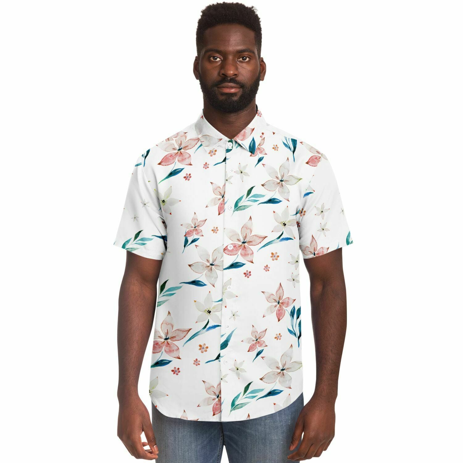 Chemise homme manches courtes blanche à lys pêche, portée par un second mannequin, vue de face