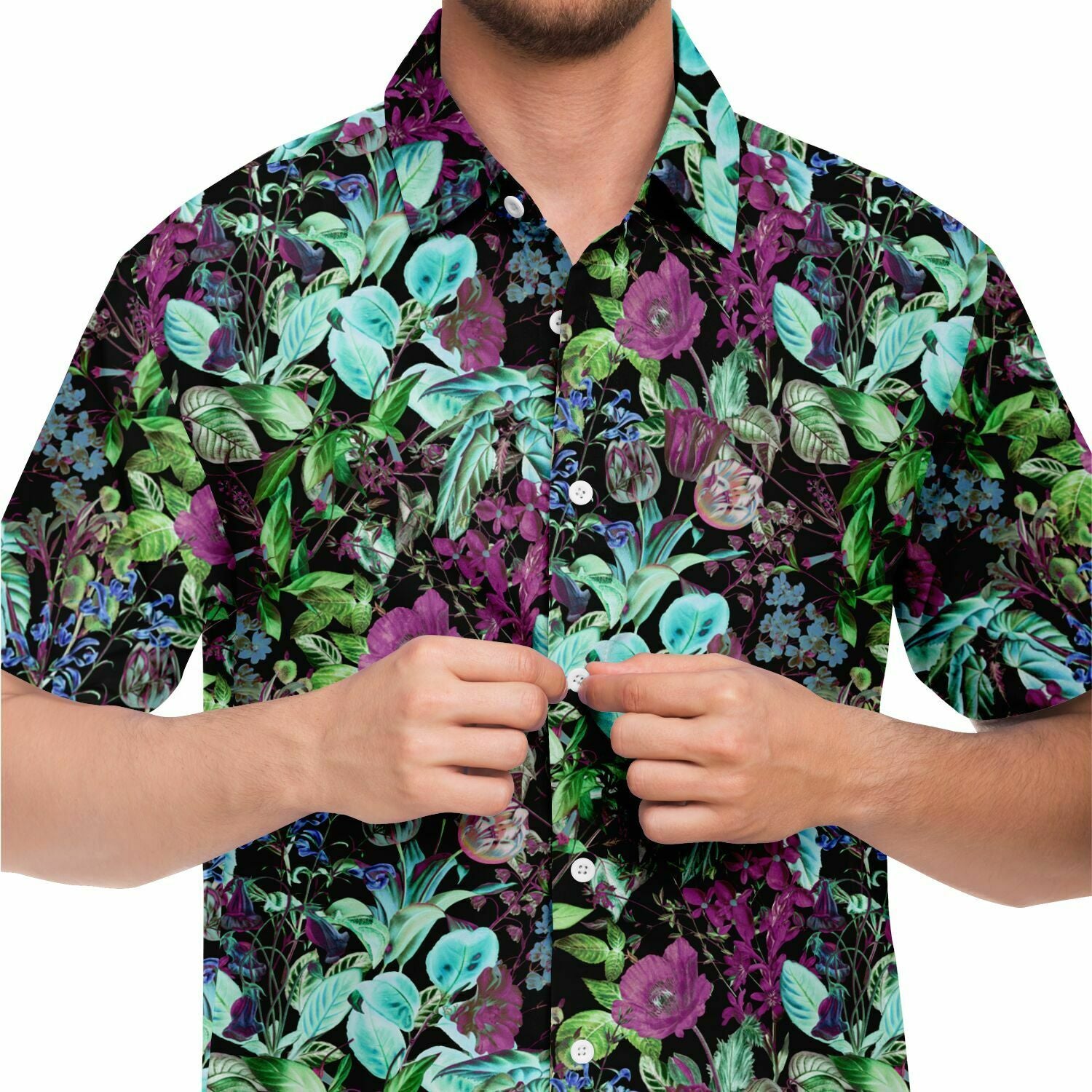 Chemise homme manches courtes feuillage vert et mauve, gros plan sur l'imprimé