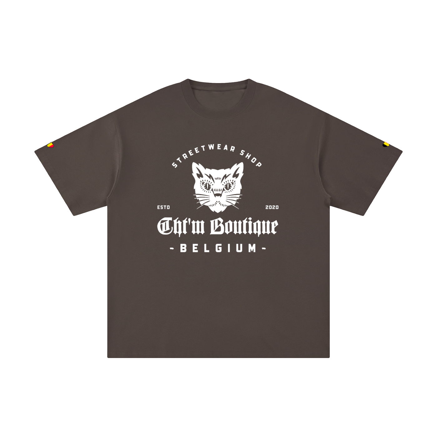 T-shirt oversized logo chat gothique en marron foncé, imprimé blanc CHT'M Belgium, vue de face