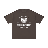T-shirt oversized logo chat gothique en marron foncé, imprimé blanc CHT'M Belgium, vue de face