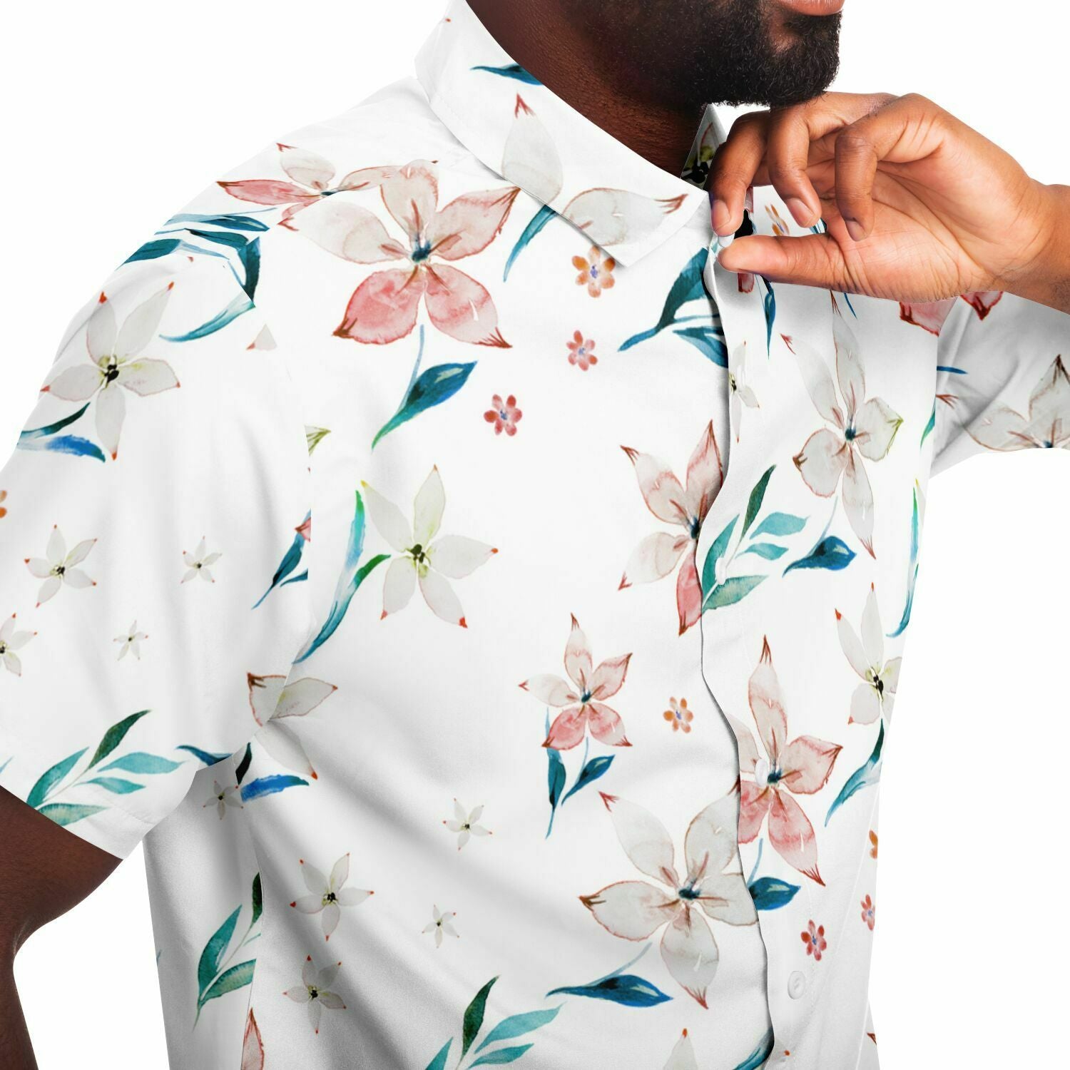 Chemise homme manches courtes blanche à lys pêche, gros plan sur le tissu