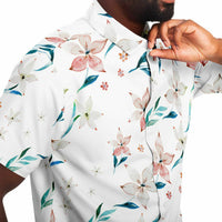 Chemise homme manches courtes blanche à lys pêche, gros plan sur le tissu