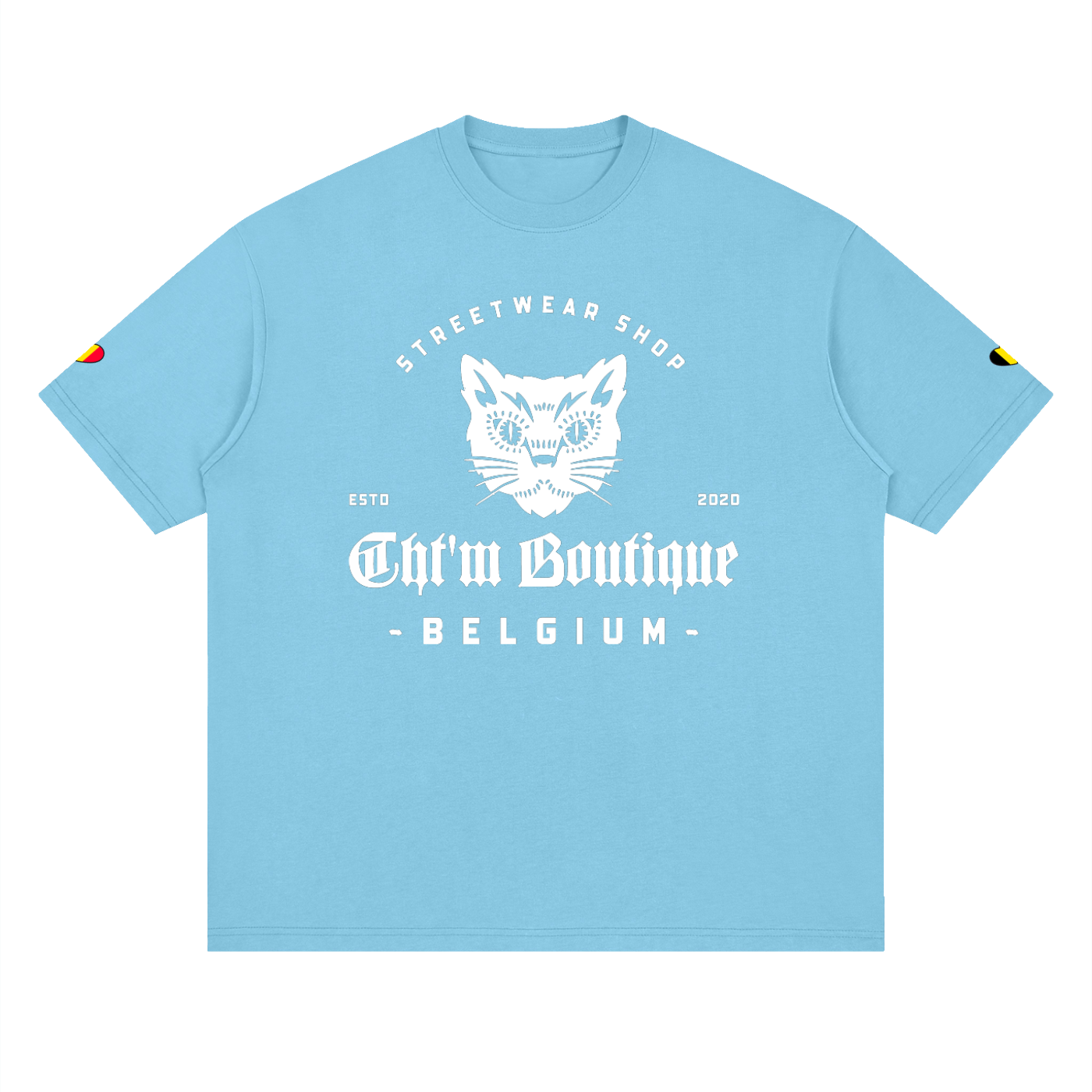 T-shirt oversized logo chat félin en bleu ciel, imprimé blanc CHT'M Belgium, vue de face