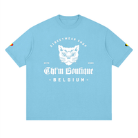 T-shirt oversized logo chat félin en bleu ciel, imprimé blanc CHT'M Belgium, vue de face