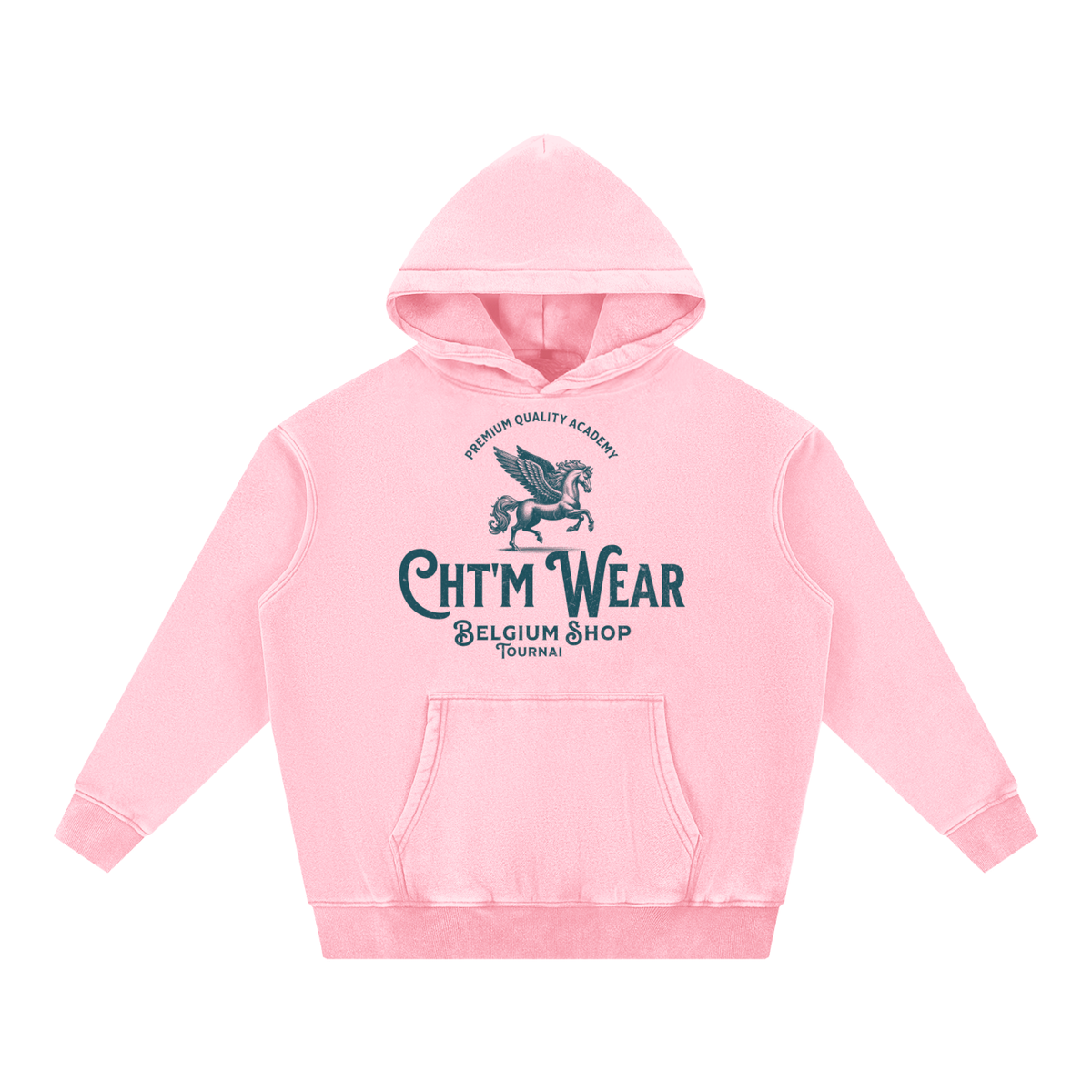 Hoodie oversize délavé CHT'M Wear rose, vue de face avec le design pégase Belgium Shop Tournai