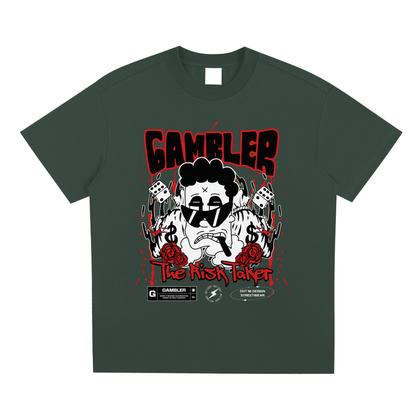 T-shirt oversized Gambler The Risk Taker en vert - lettrage rouge dégoulinant et mascotte cartoon