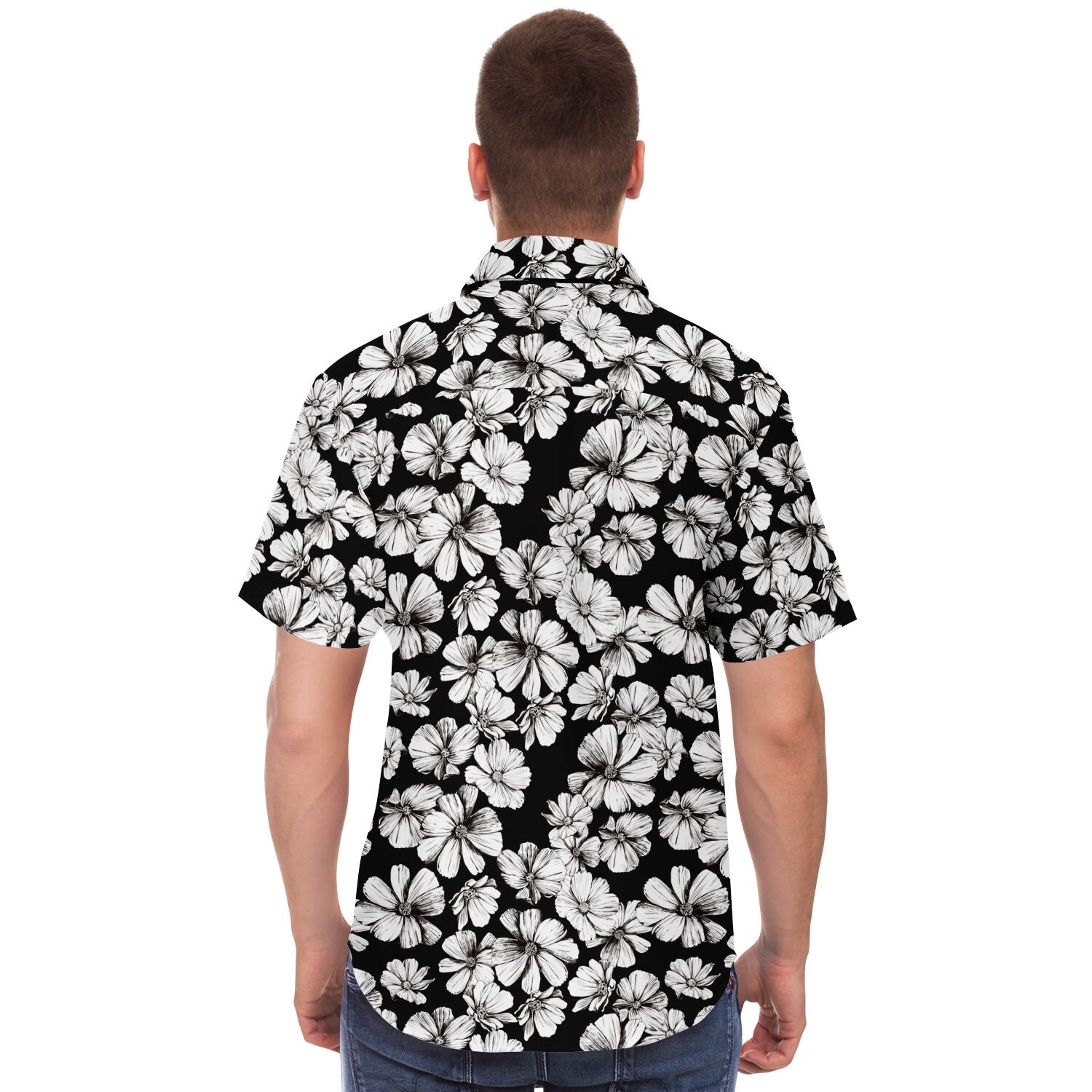 CHEMISE HOMME originale fleurs blanches sur fond noir - MANCHES COURTES