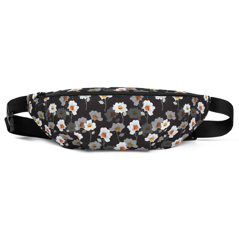 Sac banane fleurs blanches fond noir