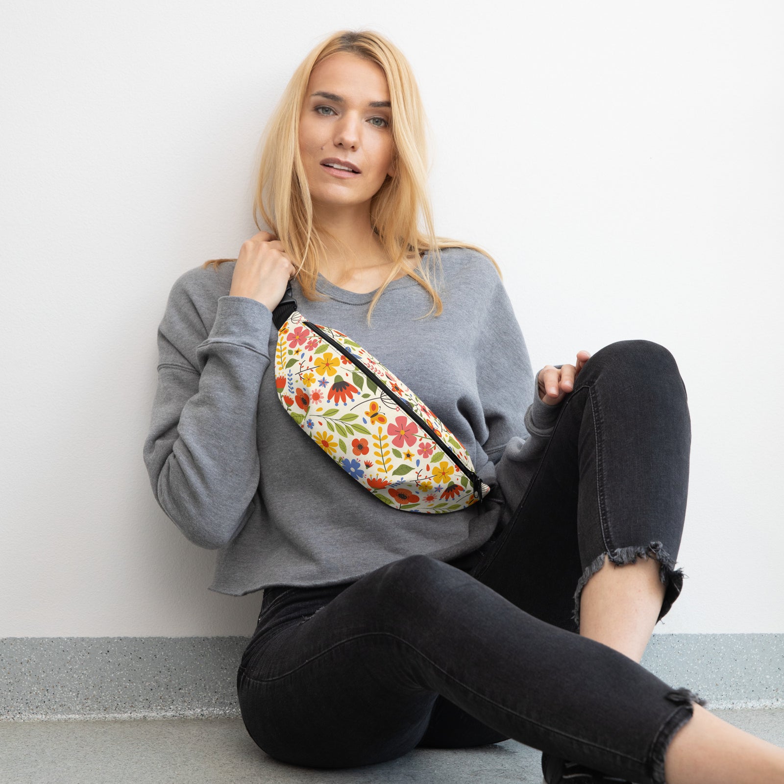 Sac banane fleurs multicolores fond crème – vue 3