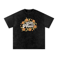 T-shirt femme oversized Girl Power en noir délavé - fleurs orange et script crème contrastés