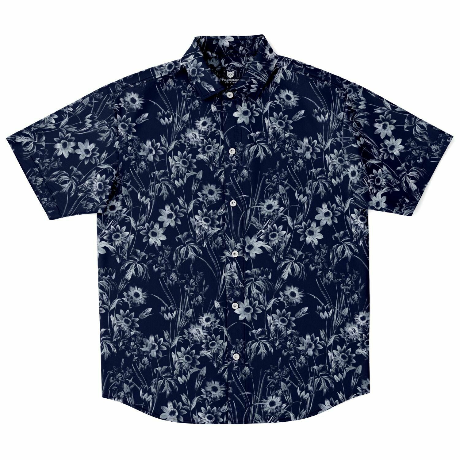 Chemise homme manches courtes bleu marine à fleurs blanches, vue de face à plat