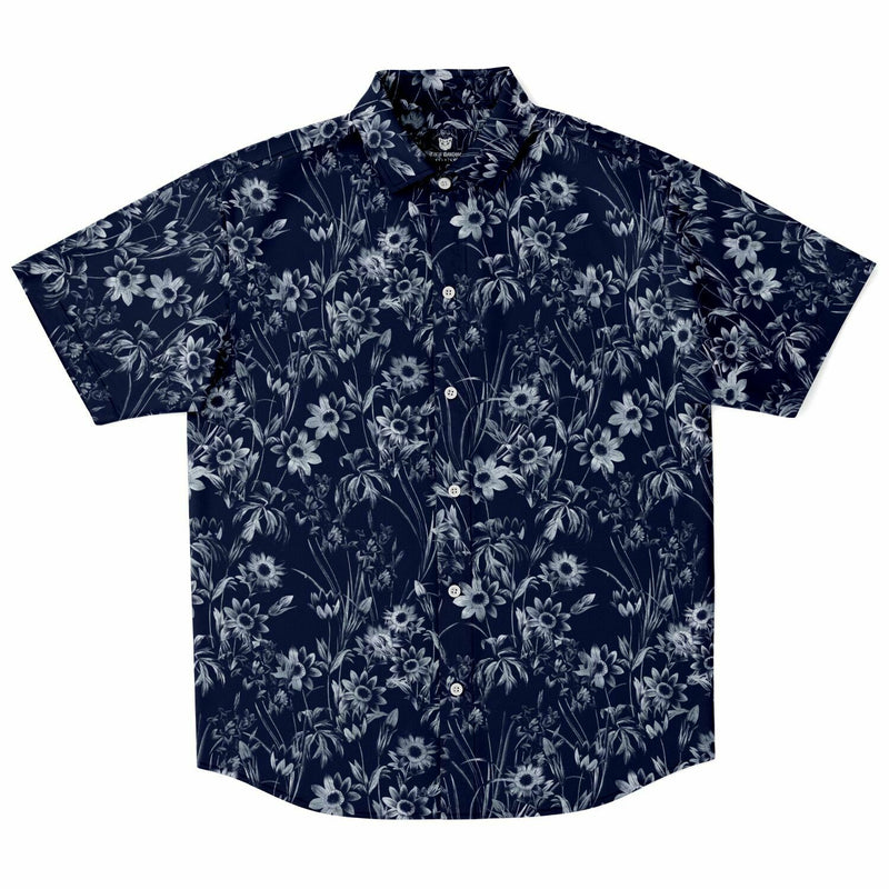 Chemise homme manches courtes bleu marine à fleurs blanches, vue de face à plat