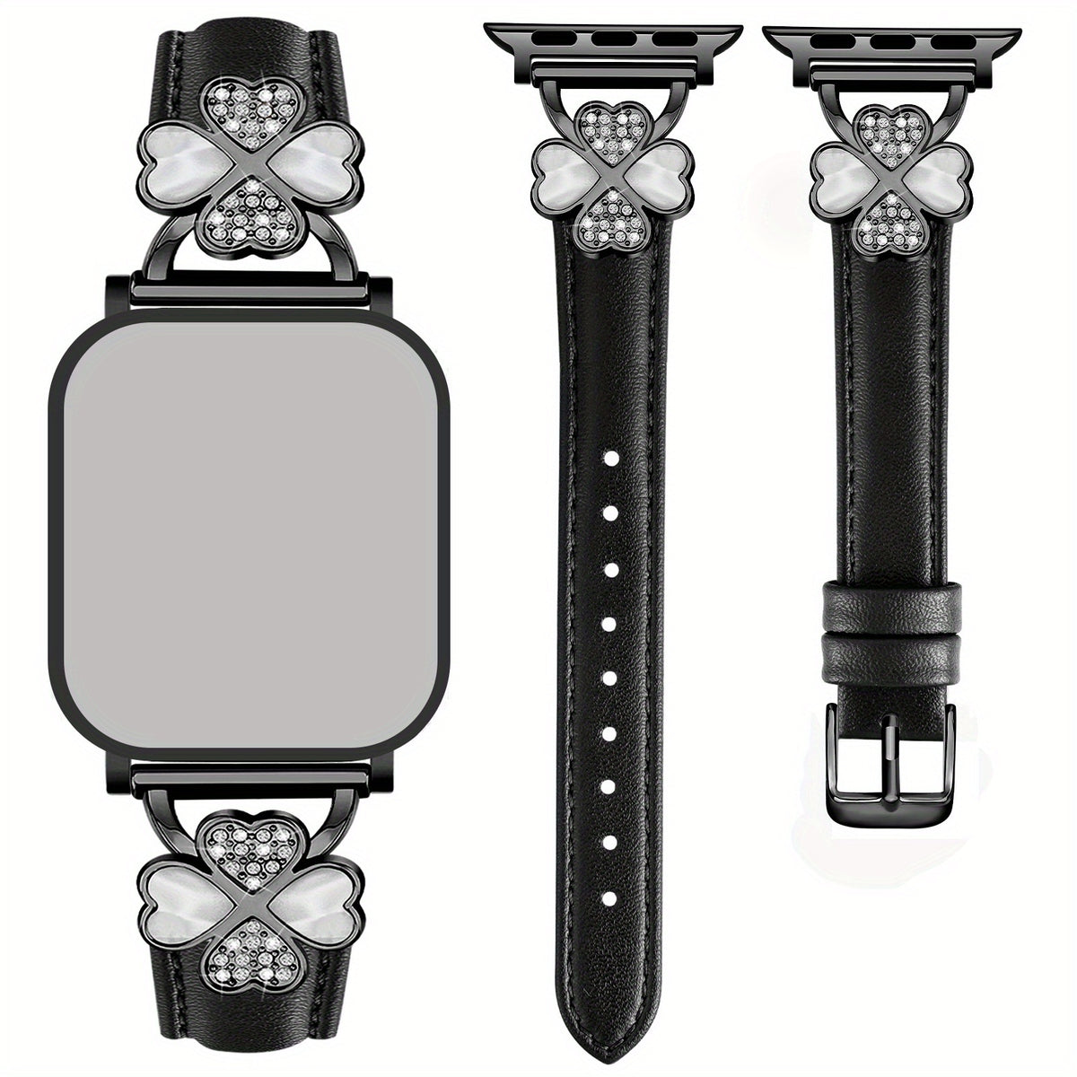 Bracelet Apple Watch fin en cuir avec attaches bijou, coloris noir intégral
