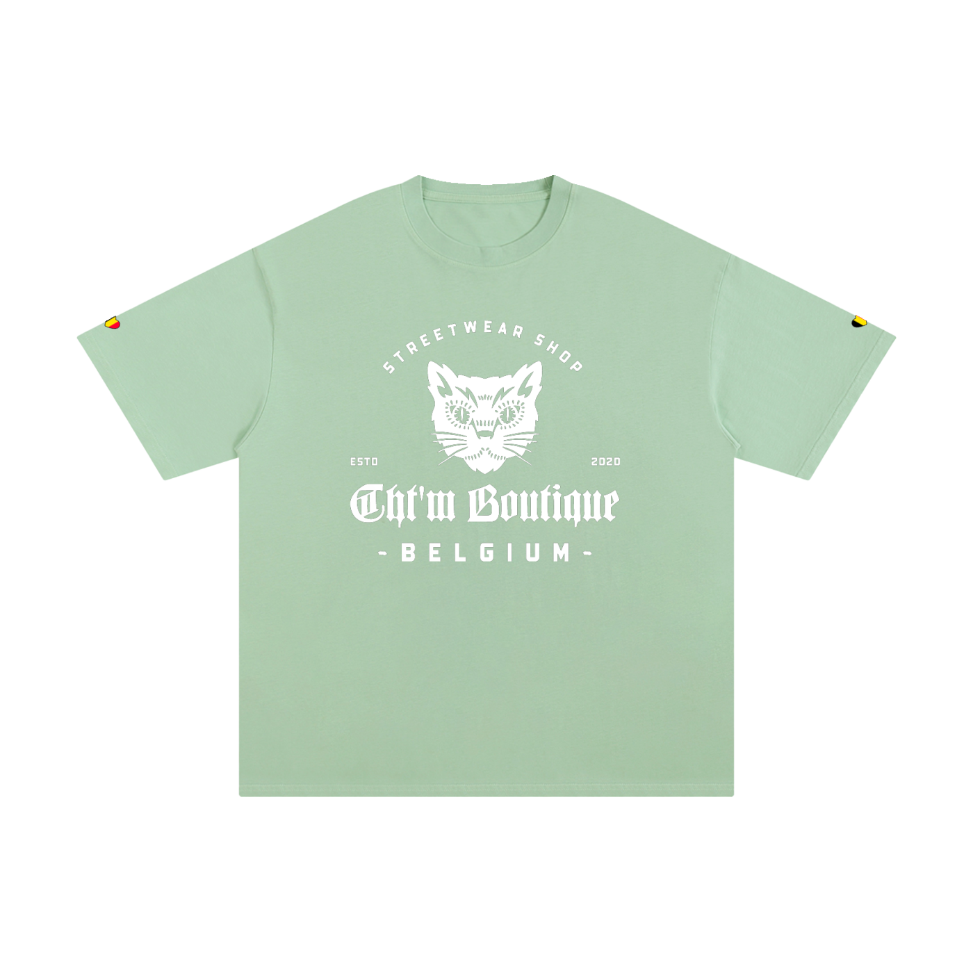 T-shirt oversized logo chat gothique en vert menthe, imprimé blanc CHT'M Boutique Belgium, vue de face