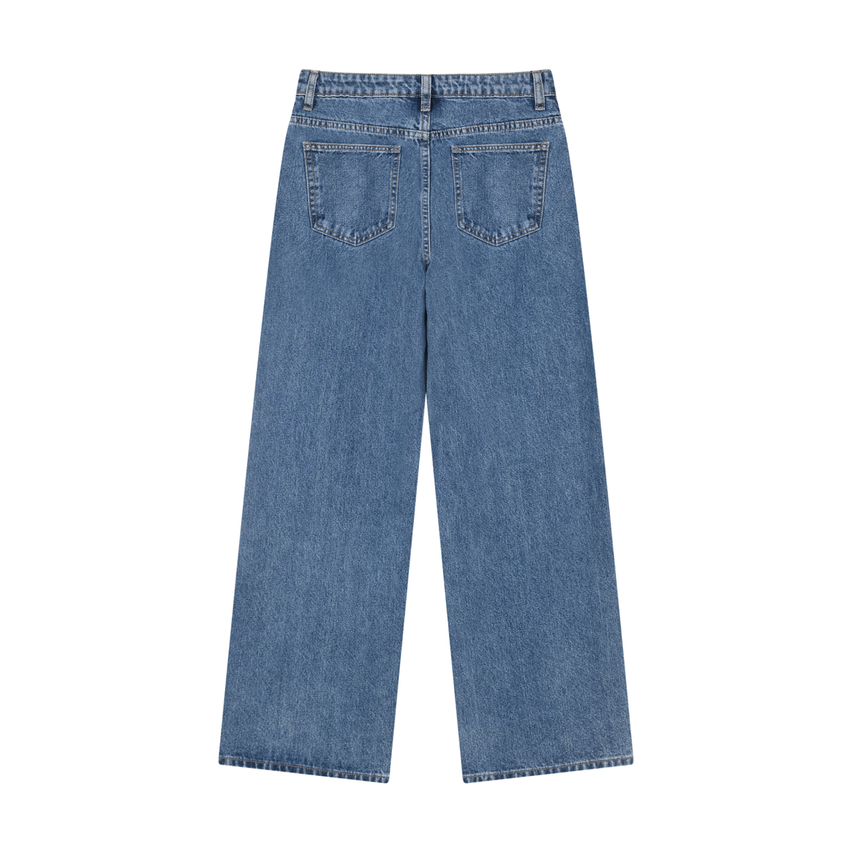 Dos du jean large femme taille haute délavé bleu jean