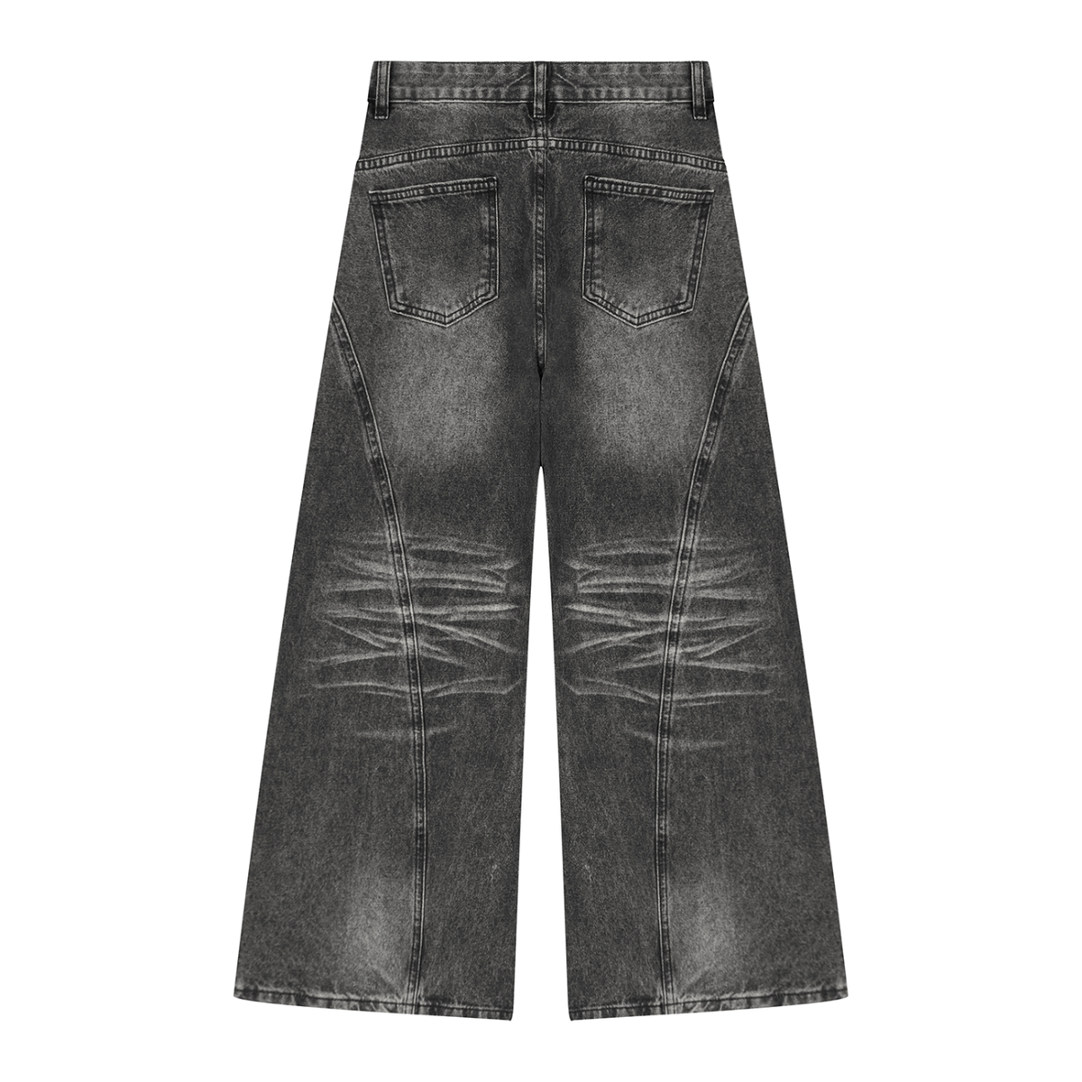 Dos du jean wide leg femme noir délavé avec moustaches aux genoux