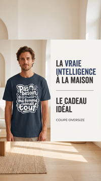 Visuel cadeau du t-shirt humour ChatGPT bleu marine porté, coupe oversized épaules tombantes