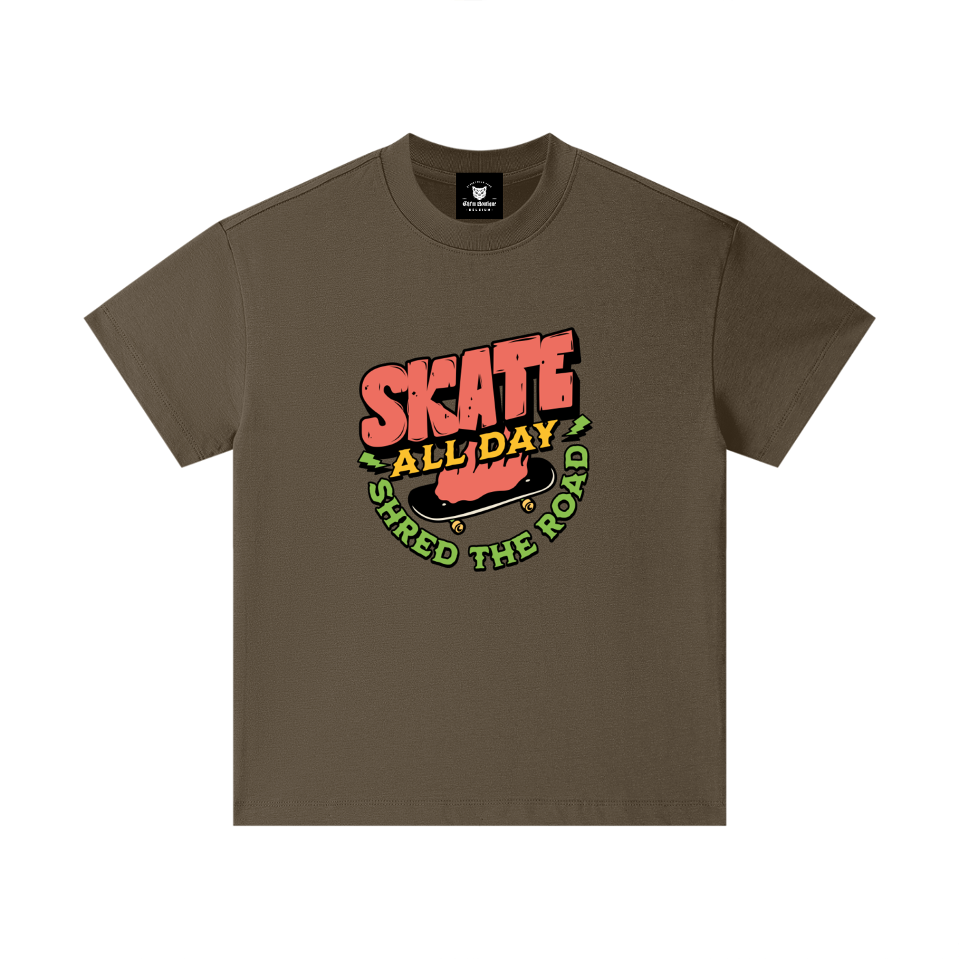 T-shirt enfant oversized Skate All Day en marron - imprimé Shred the Road vert pomme
