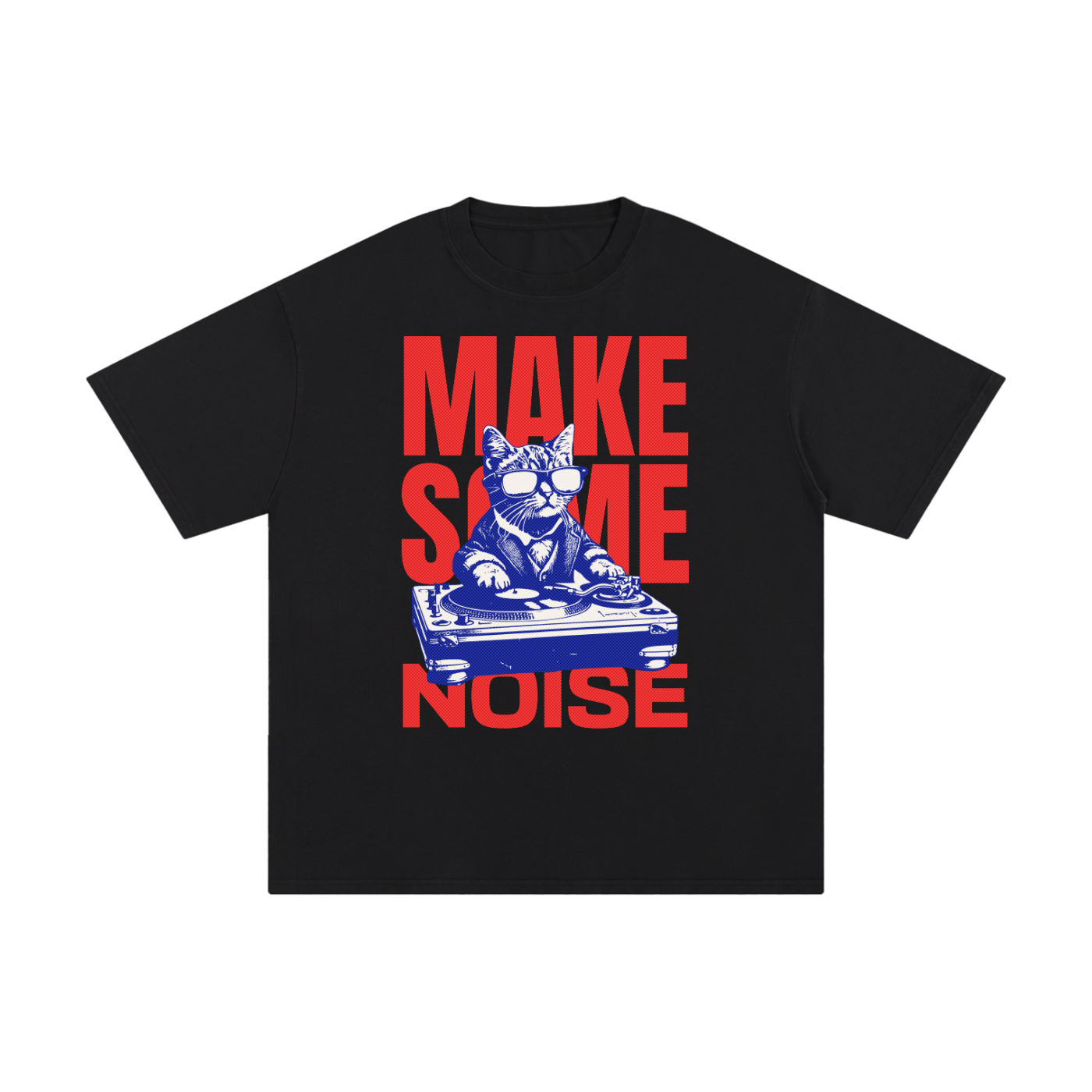 T-shirt oversized chat DJ en noir - visuel Make Some Noise contrasté rouge et bleu