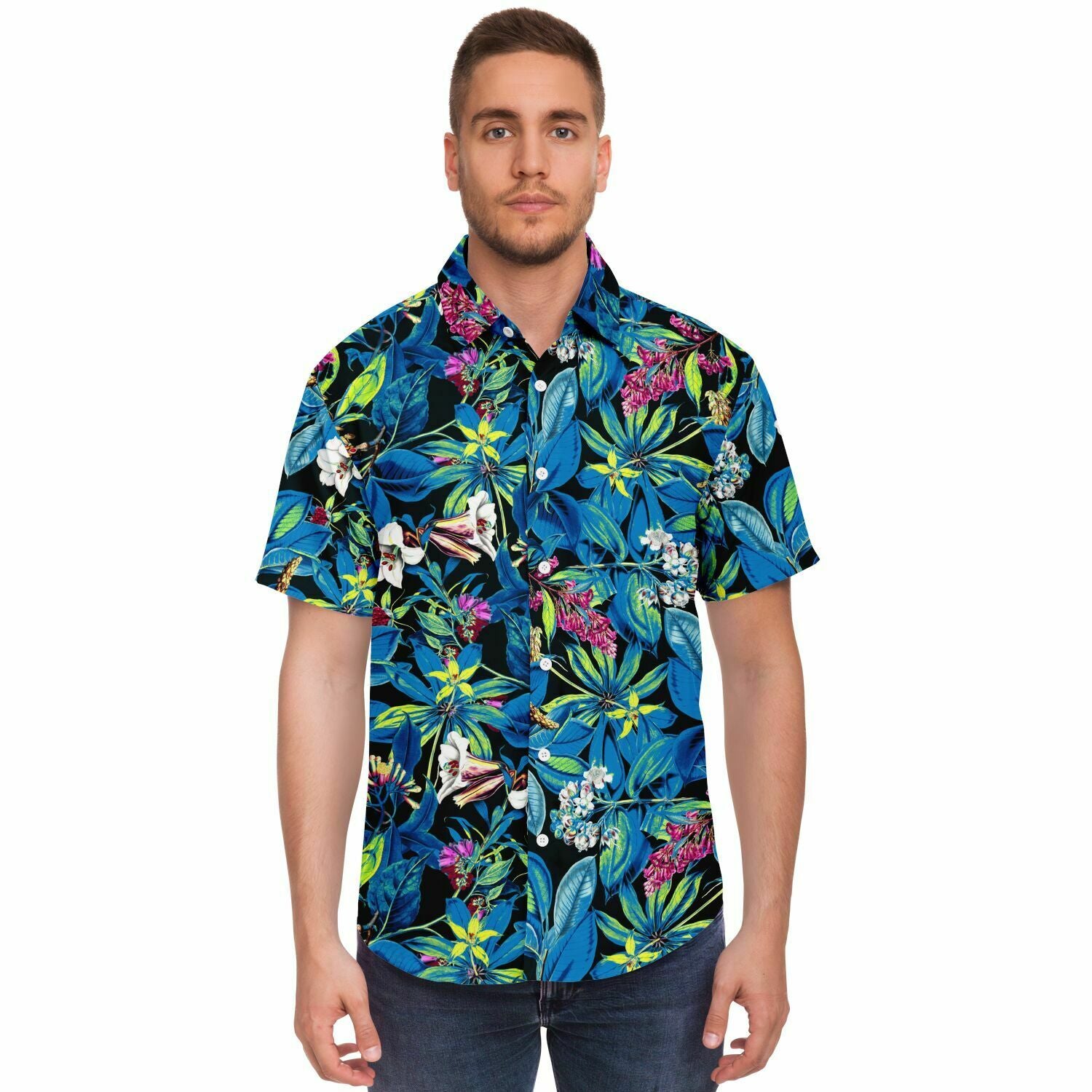 Chemise homme manches courtes bleue à feuillage tropical, portée, vue de face