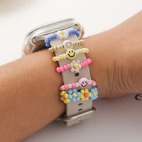 Charms en perles fleurs et smiley pour bracelet Apple Watch, coloris modèle 6 cœurs et smiley