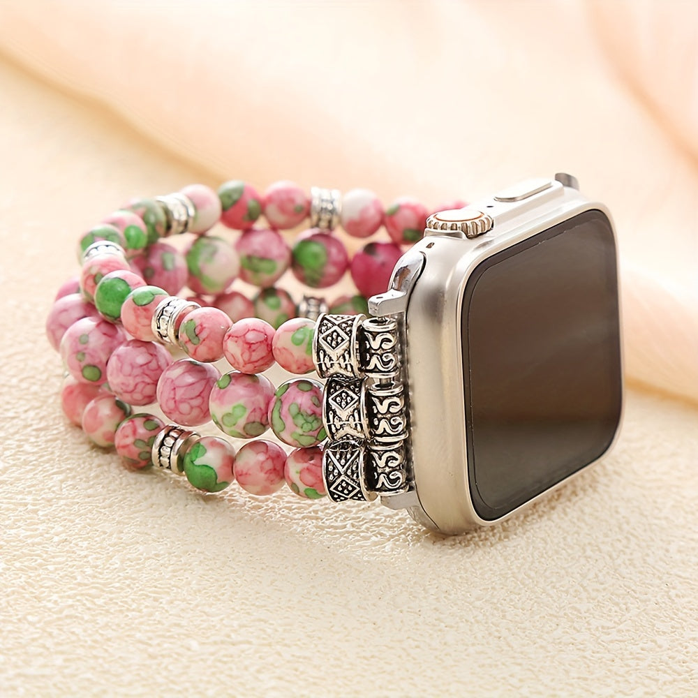 Bracelet Apple Watch en perles de jade rose, vue détaillée 2