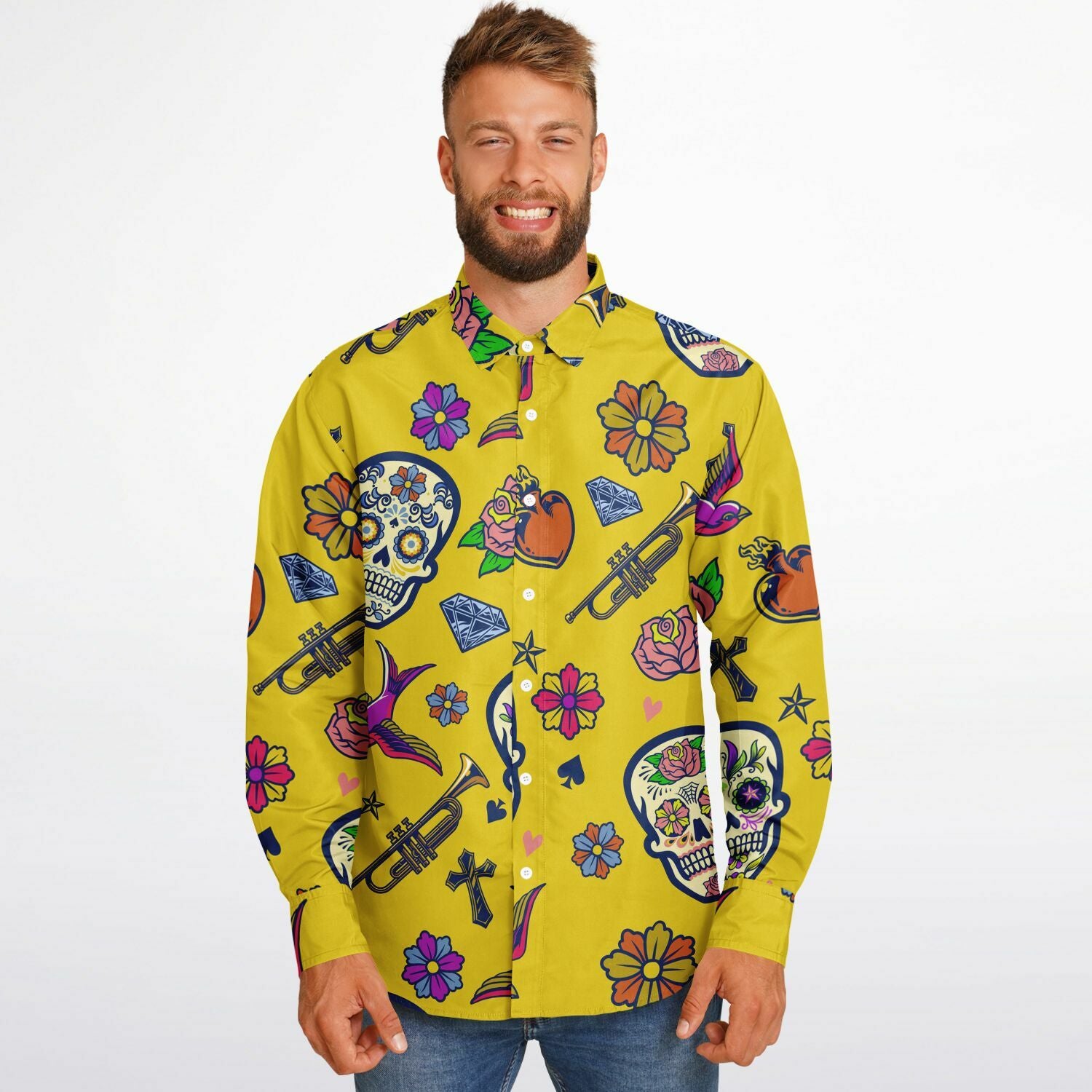 chemise jaune manches longues fleurs et trompettes