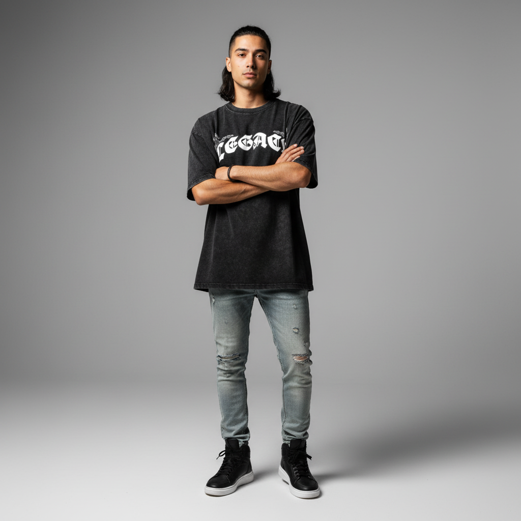 T-shirt oversized LEGACY noir porté en pied avec un jean clair - coupe ample épaules tombantes