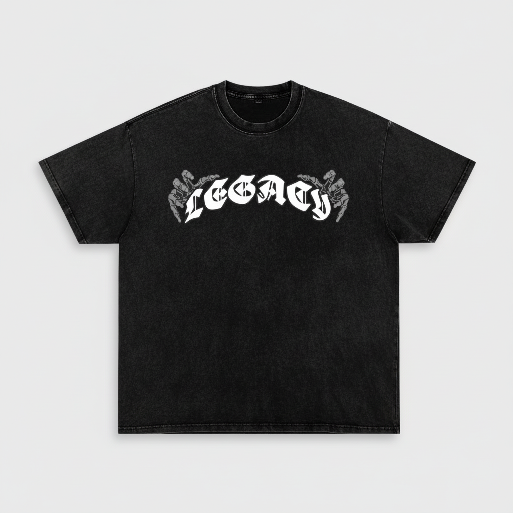 T-shirt oversized LEGACY noir marbré à plat - imprimé gothique blanc centré sur le torse