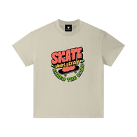 T-shirt enfant oversized Skate All Day en sable - typo drip corail et jaune moutarde