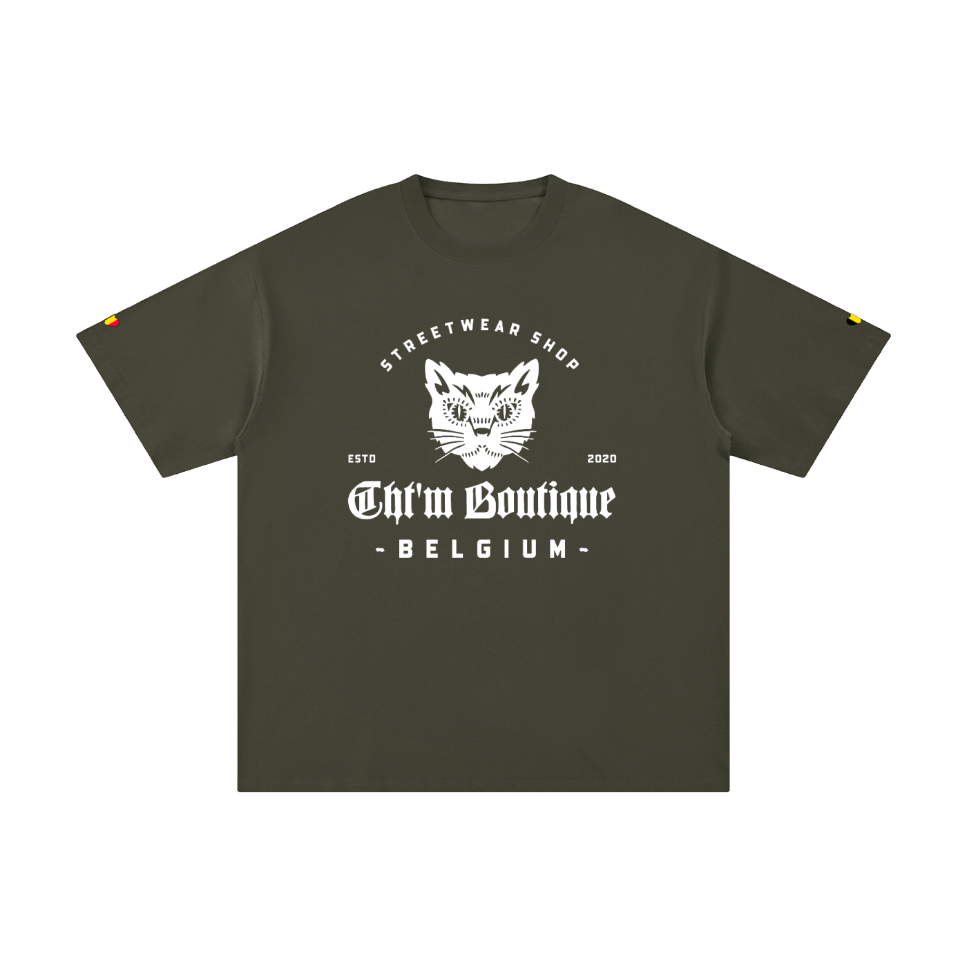 T-shirt oversized logo chat gothique en vert kaki, imprimé blanc CHT'M Belgium, vue de face
