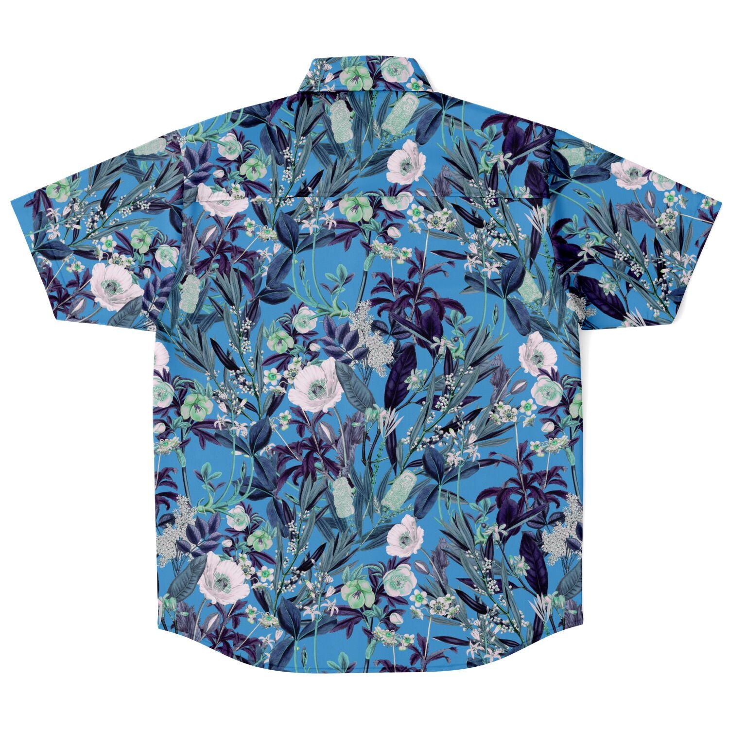 Chemise homme manches courtes bleue à fleurs des champs, vue de dos à plat