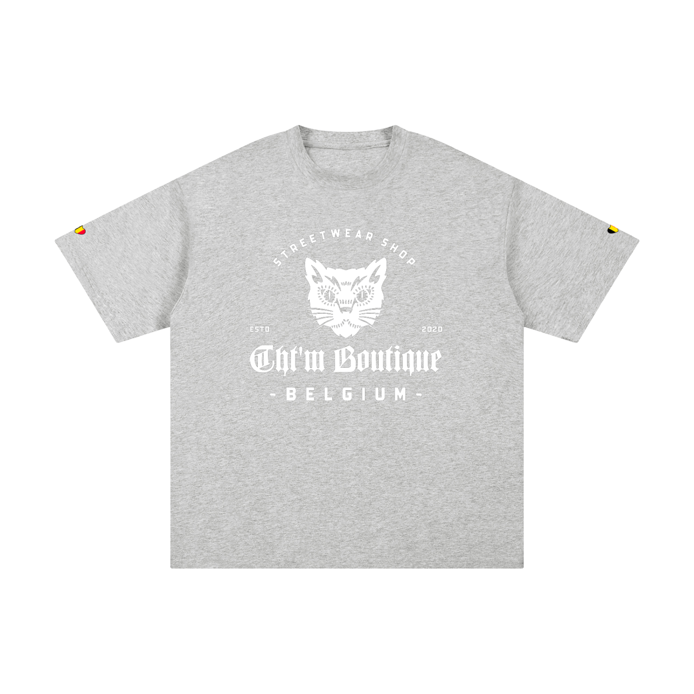 T-shirt oversized logo chat gothique en gris chiné, imprimé blanc CHT'M Belgium, vue de face