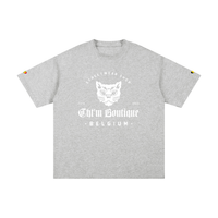 T-shirt oversized logo chat gothique en gris chiné, imprimé blanc CHT'M Belgium, vue de face