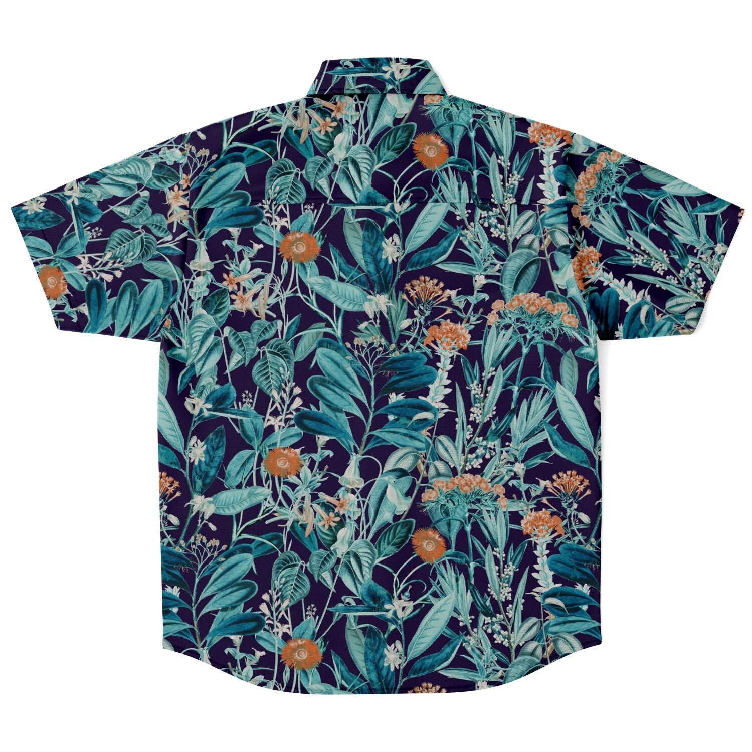 Chemise homme manches courtes jungle bleu canard, vue de dos à plat