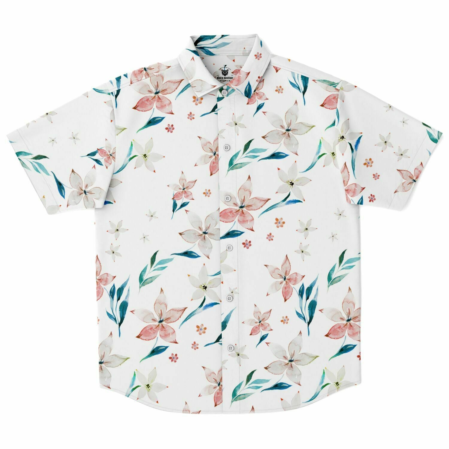 Chemise homme manches courtes blanche à lys pêche, vue de face à plat