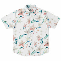 Chemise homme manches courtes blanche à lys pêche, vue de face à plat