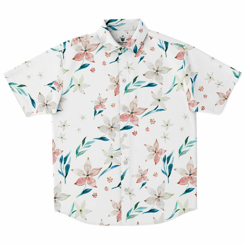 Chemise homme manches courtes blanche à lys pêche, vue de face à plat
