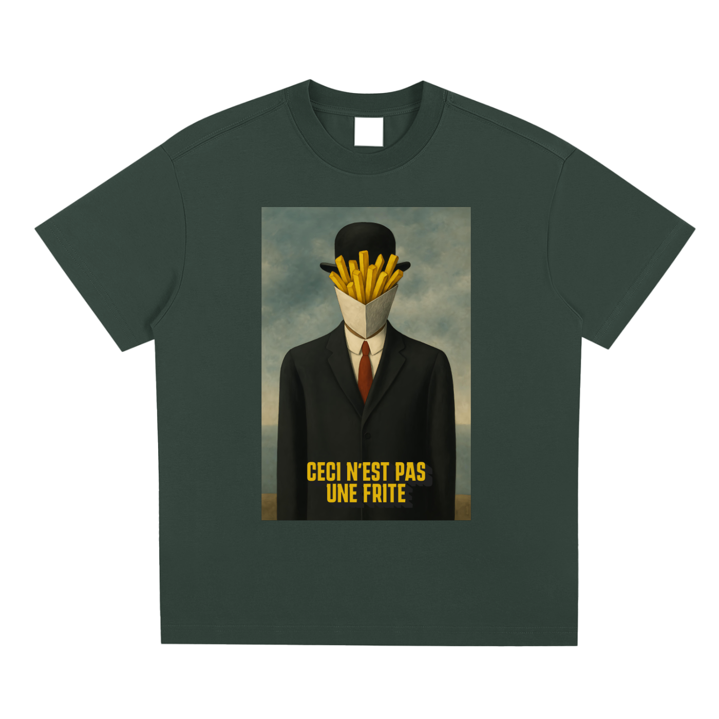 T-shirt belge oversized vert sapin - tableau surréaliste ceci n'est pas une frite