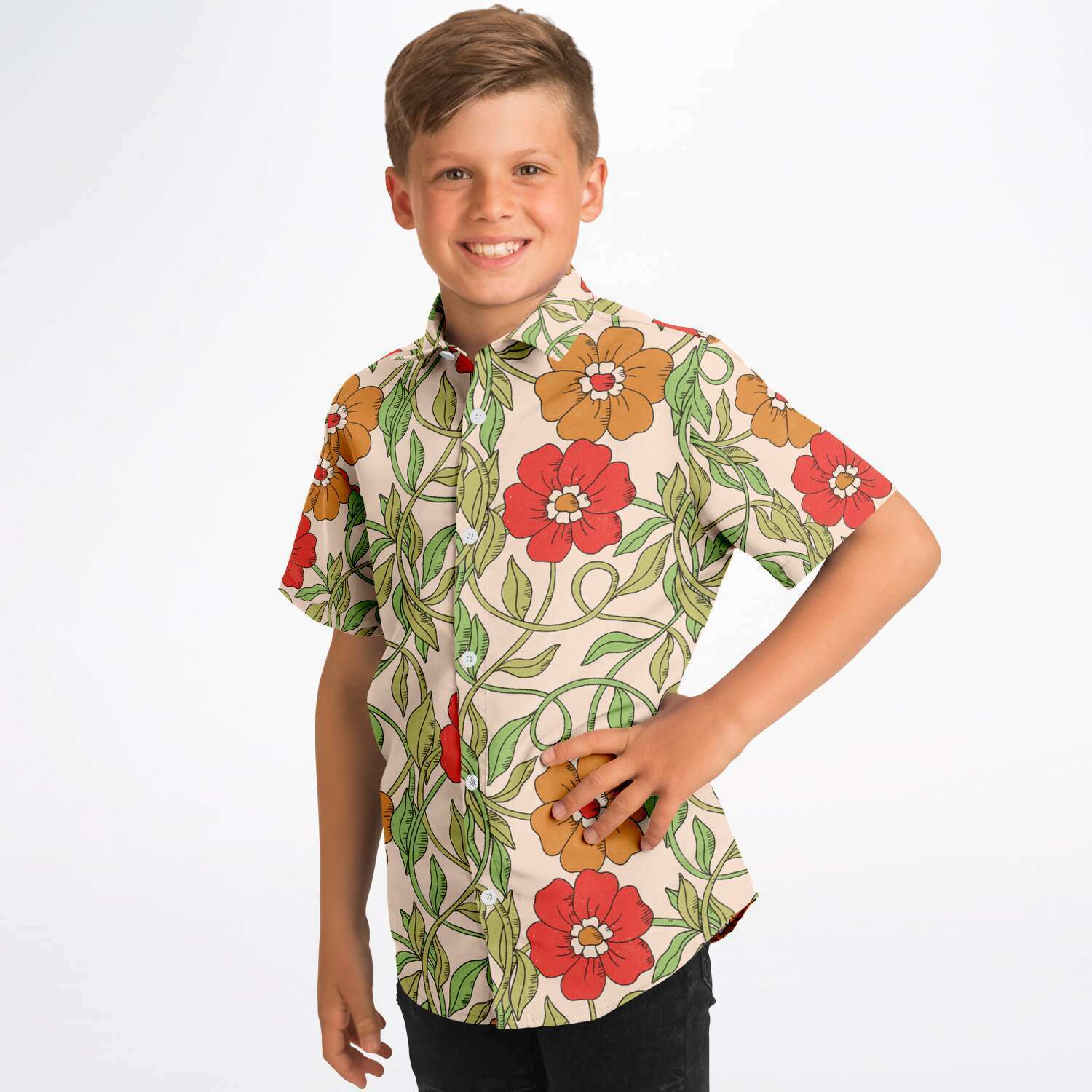 chemise à fleurs rouges garçon en tissu beige