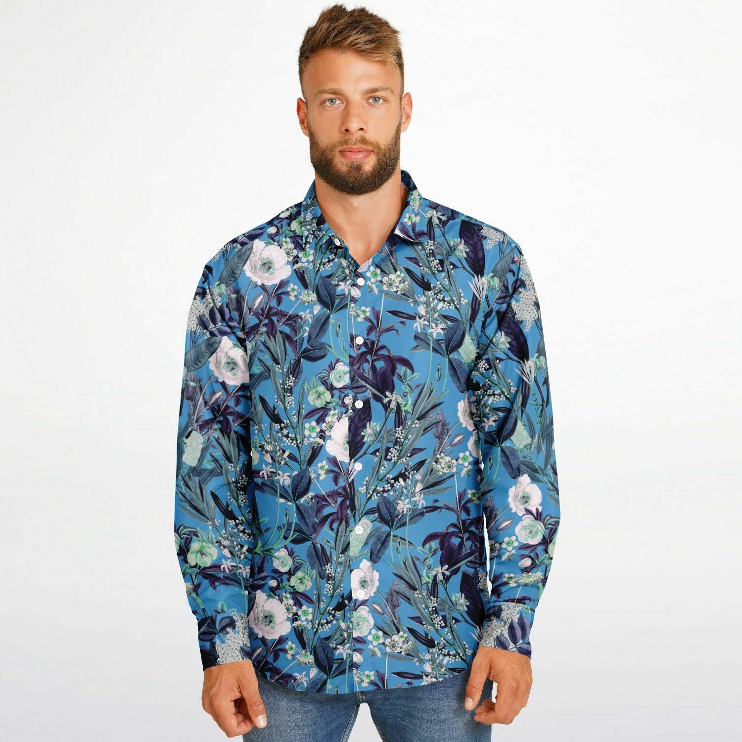 CHEMISE HOMME bleue originale à fleurs MANCHES LONGUES