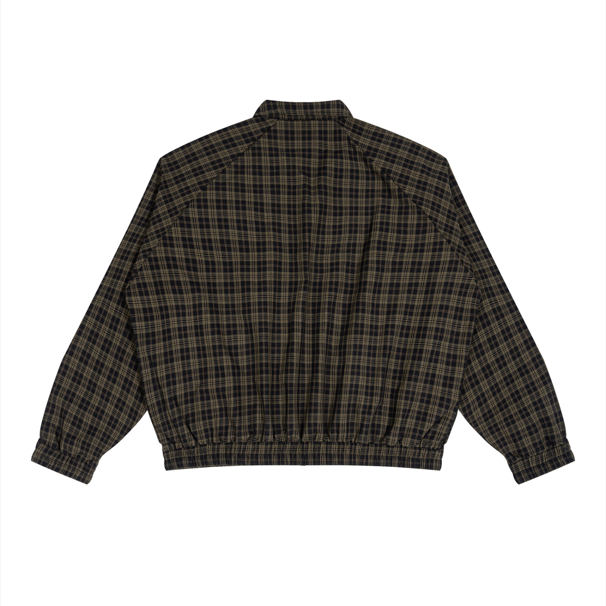 Dos de la veste Harrington à carreaux noire, manches raglan