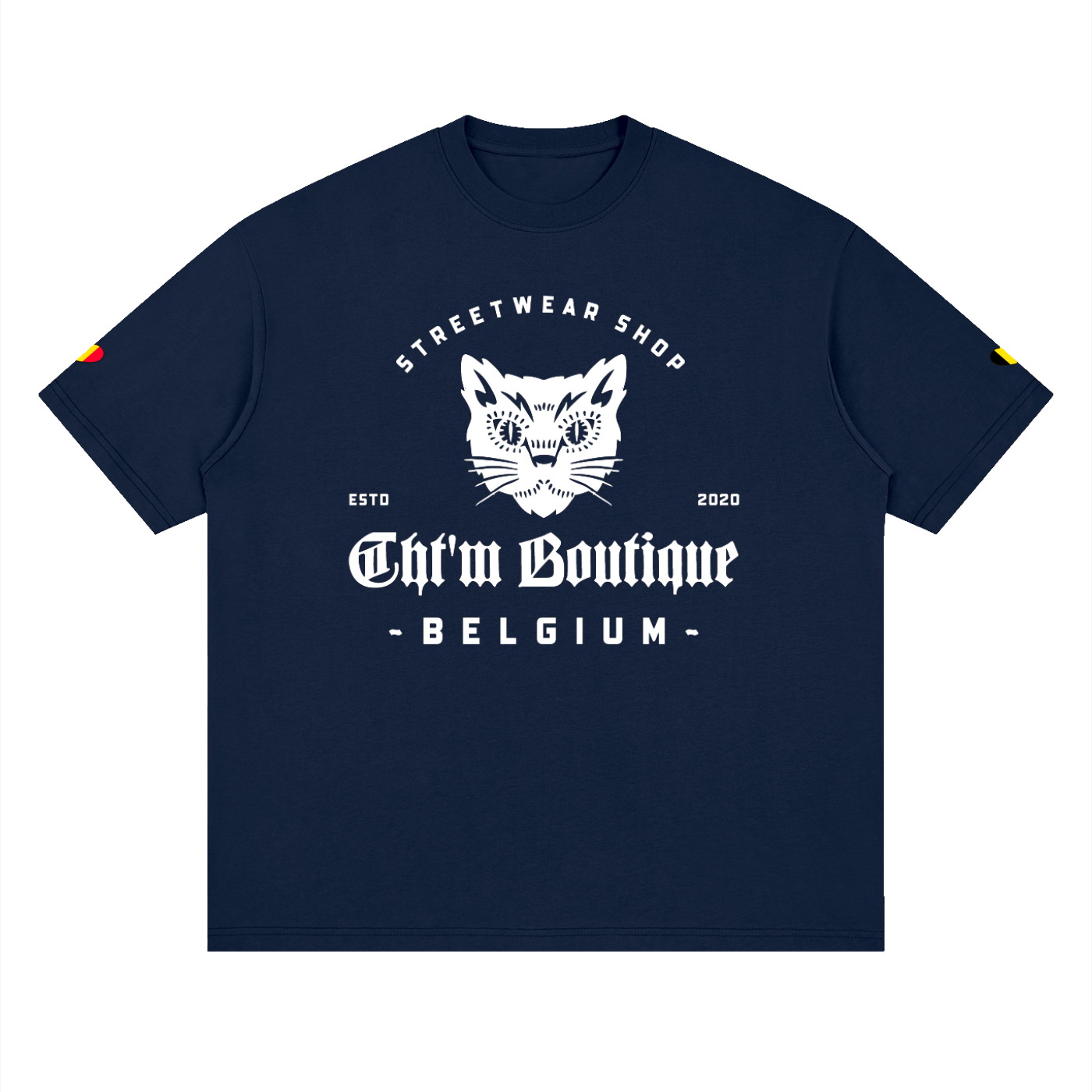 T-shirt oversized logo chat félin en bleu marine, imprimé blanc CHT'M Belgium, vue de face