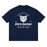 T-shirt oversized logo chat félin en bleu marine, imprimé blanc CHT'M Belgium, vue de face
