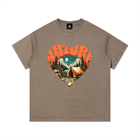 T-shirt enfant oversized Nature Heart en café, imprimé montagnes sapins et feu de camp
