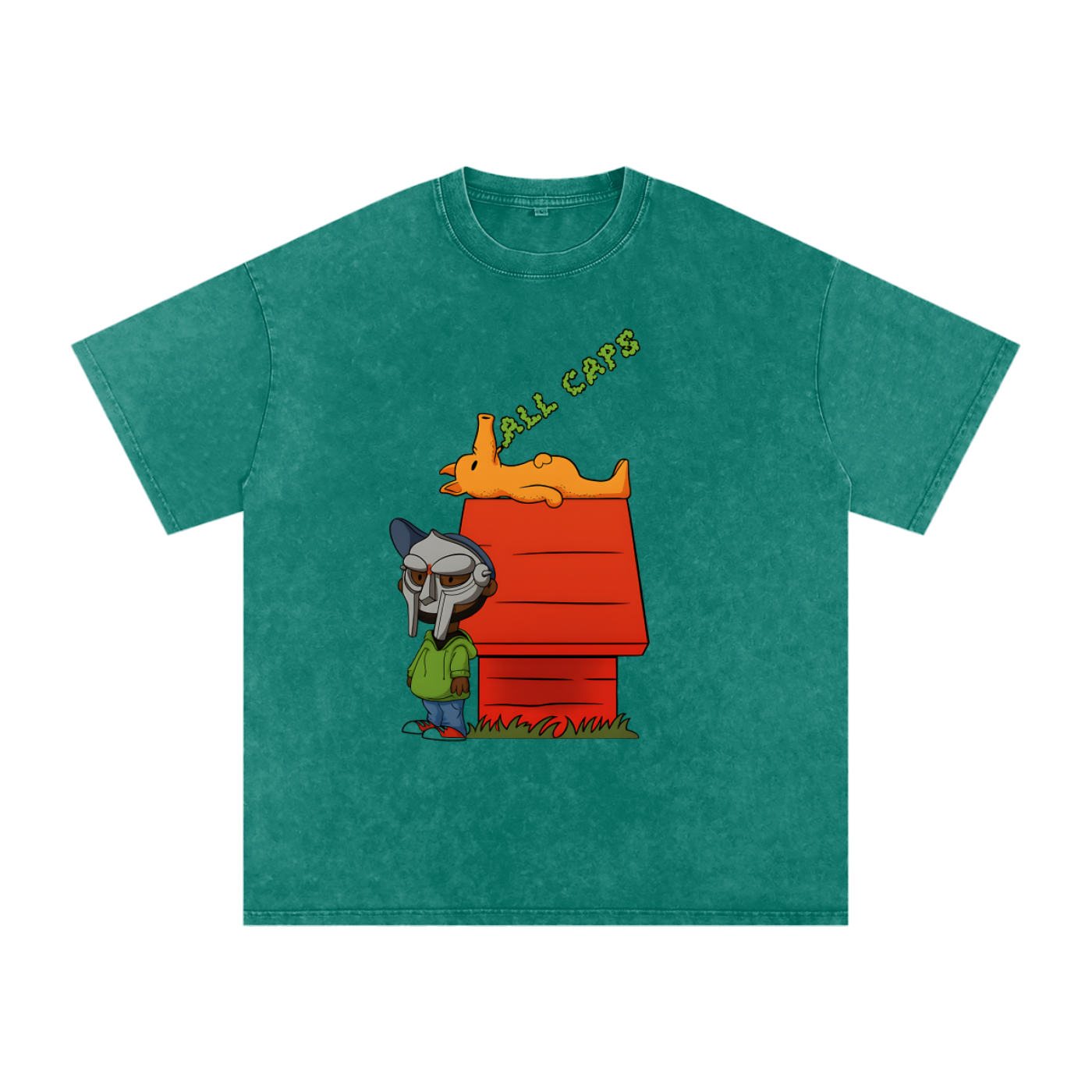 T-shirt oversized hommage MF DOOM en vert snow wash - niche rouge, chien orange et lettrage All Caps